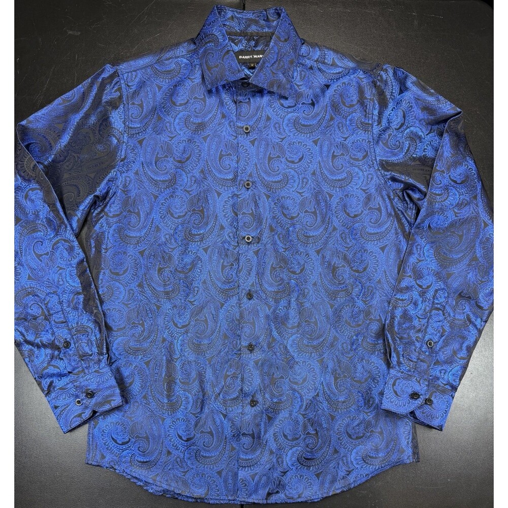 Mens Barry Wang Size Medium Blue Long Sleeve Shirt Paisley Design Dress Shirt
